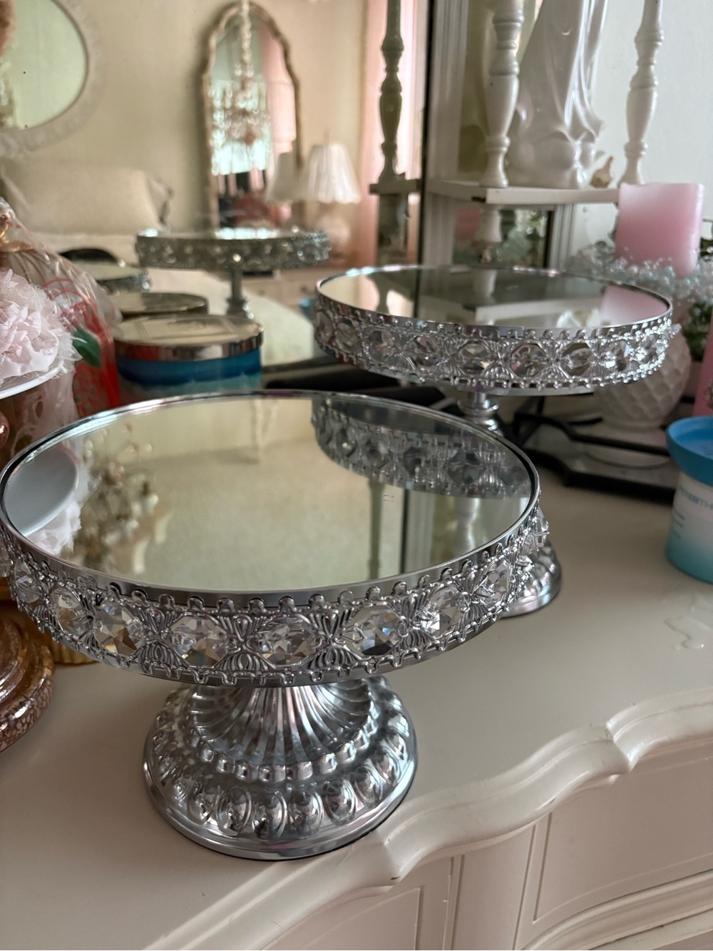 Silver Mirrored Decorative Cake Stand - Set of 2